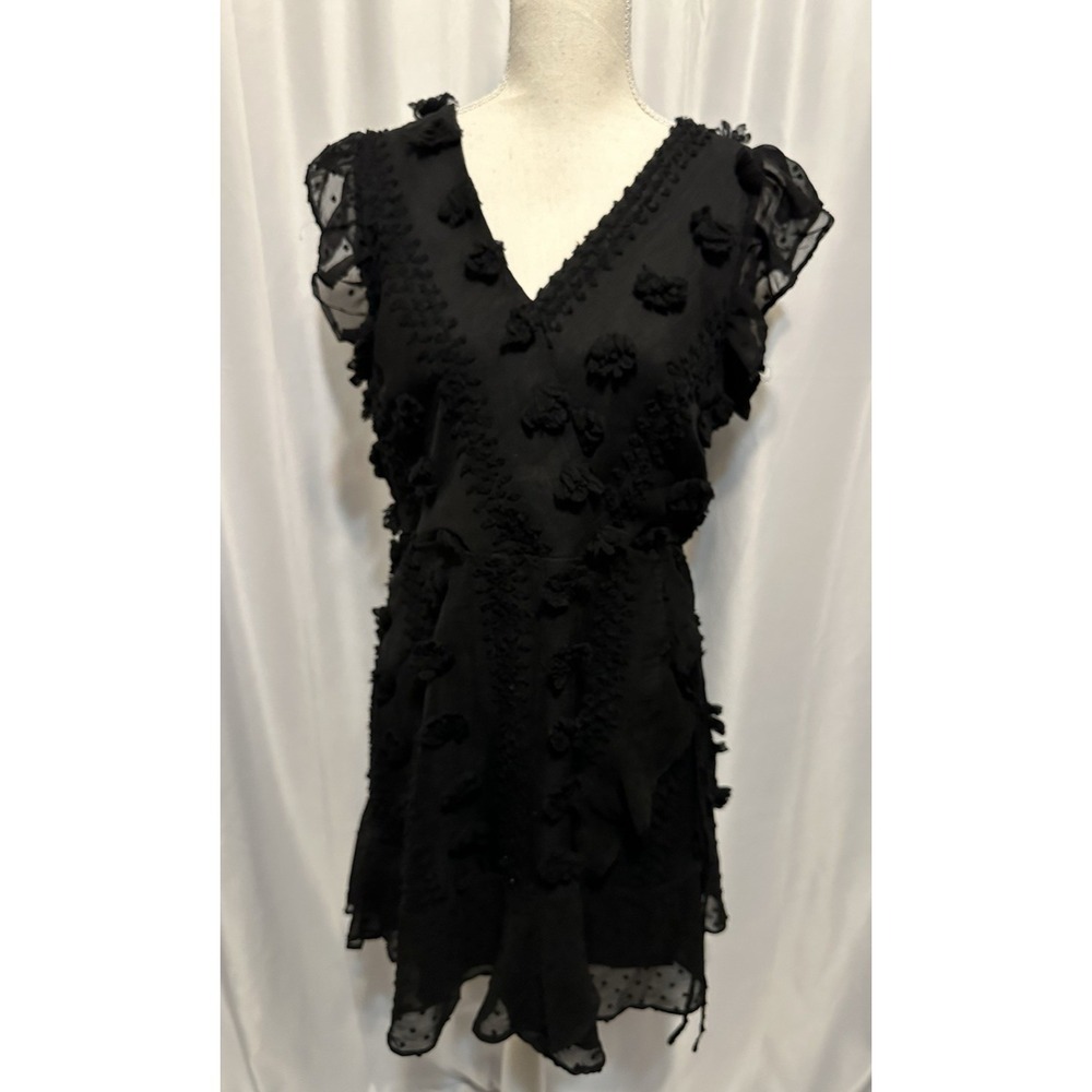 New Andree By Unit Dress Size L Tie Waist Short Black Sheer Ruffle Sleeve V-neck